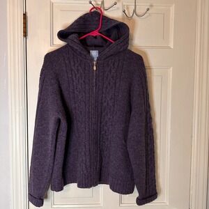 Frost 100% Shetland Wool Made in UK Cable Knit Hooded Cardigan Sweater Purple L